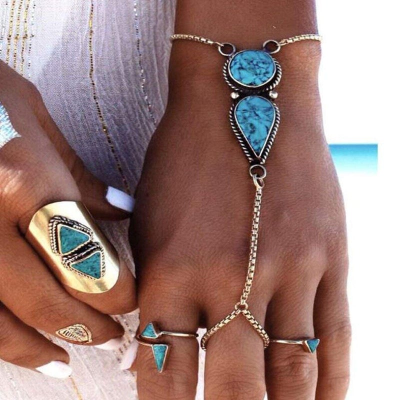 Jovono Boho Slave Bracelets Silver Turquoise Finger Ring Bracelets Summer Beach Hand Chain Jewelry for Women - Image 5